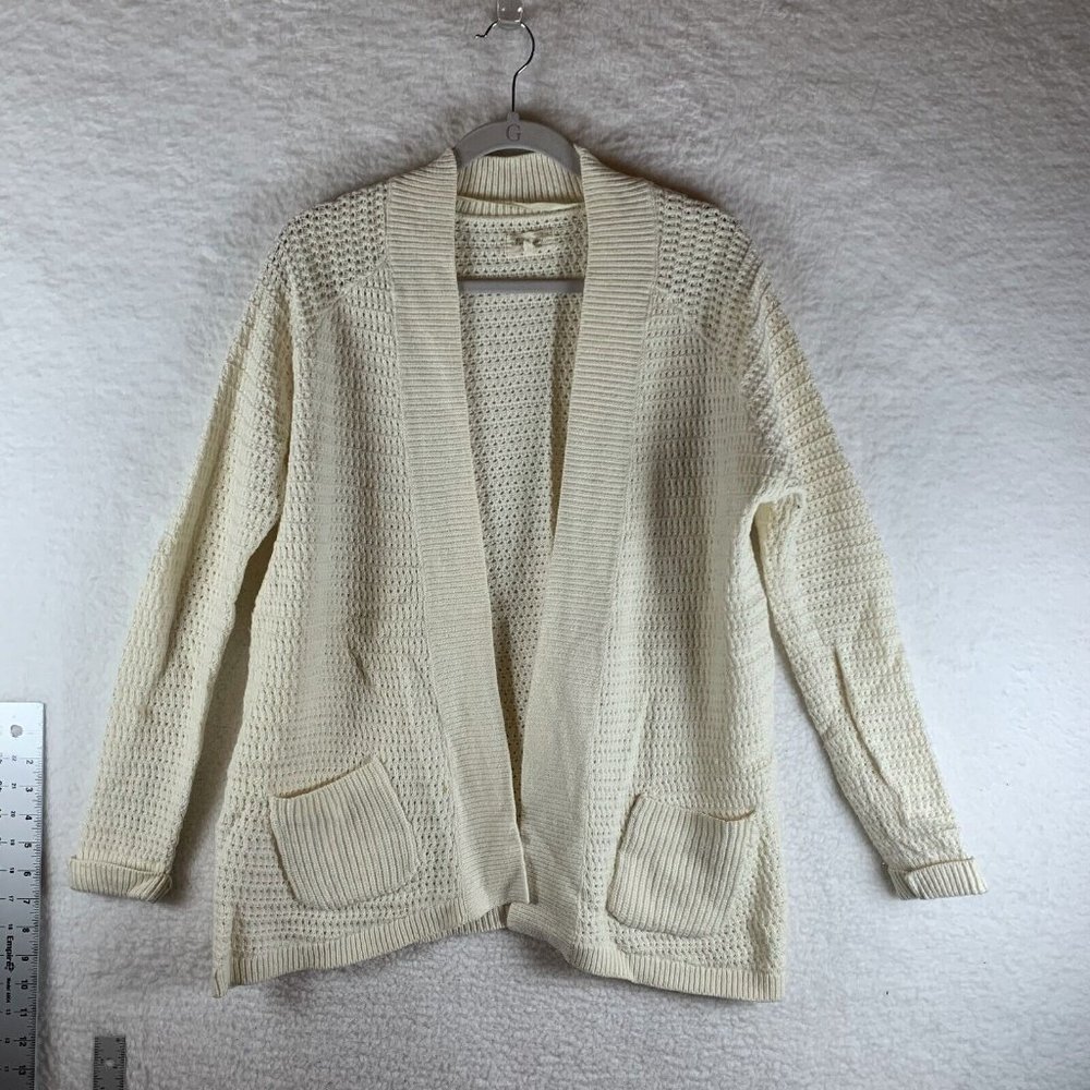 LOFT lou & Grey Cardigan Sweater Women's Medium Ivory Open Front Pockets 8011